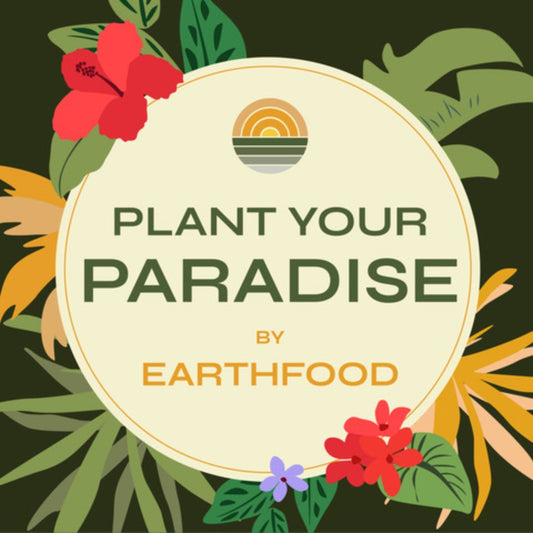 Plant Your Paradise Podcast by Earthfood cover image, digital illustration of plants surrounding circle with podcast title and Earthfood logo