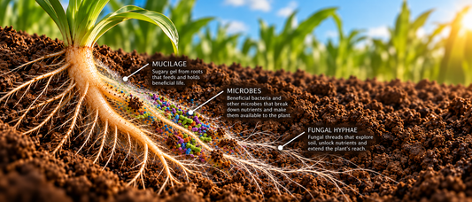 Australian farmer examining living soil beside a tablet, with digital networks connecting the paddock to distant businesses.