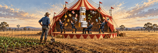 An Australian farmer watches suited advisers juggling coins and paperwork inside a circus tent in a farm paddock.